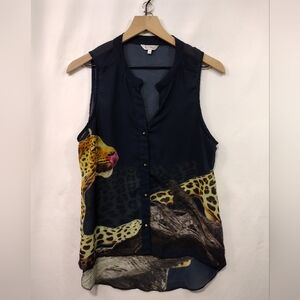 Buffalo Cheetah Print Sleeveless Sheer Button Shirt Womens L Black Yellow Retro